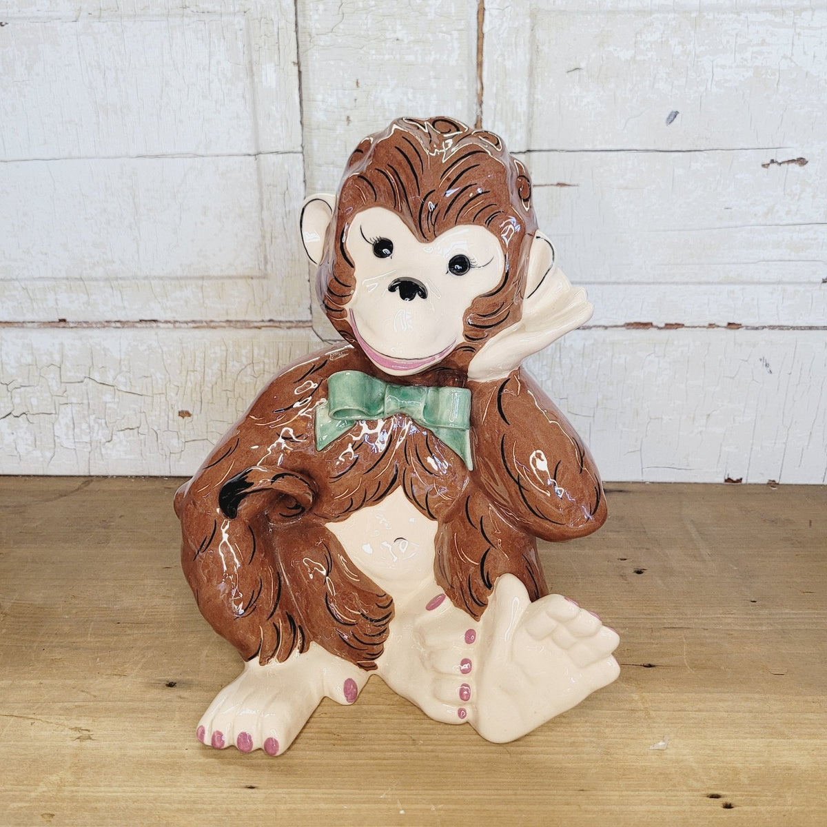 Kay Finch California Happy Monkey Figurine 4903 Brown Green Bow MCM 10.5in