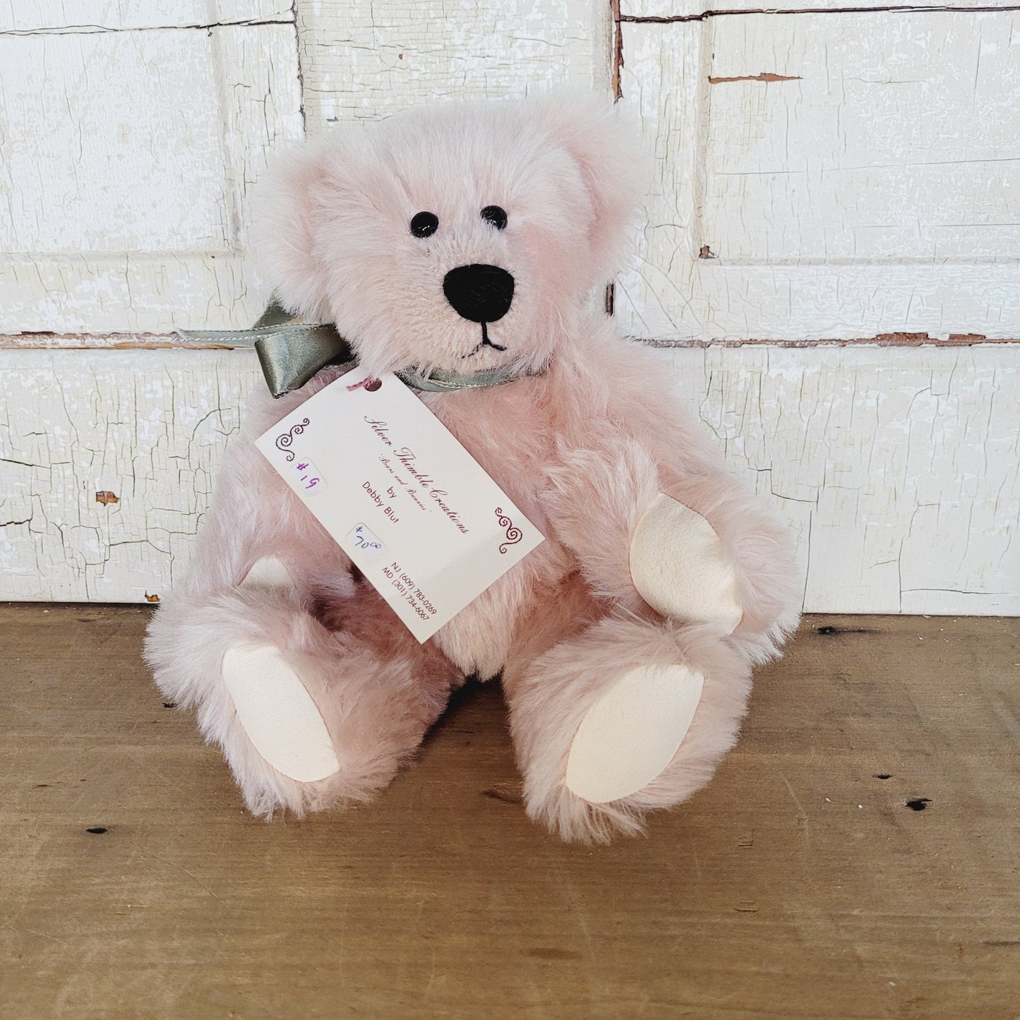 Handmade Light Pink Mohair Teddy Bear, Silver Thimble Creations – 10.5”