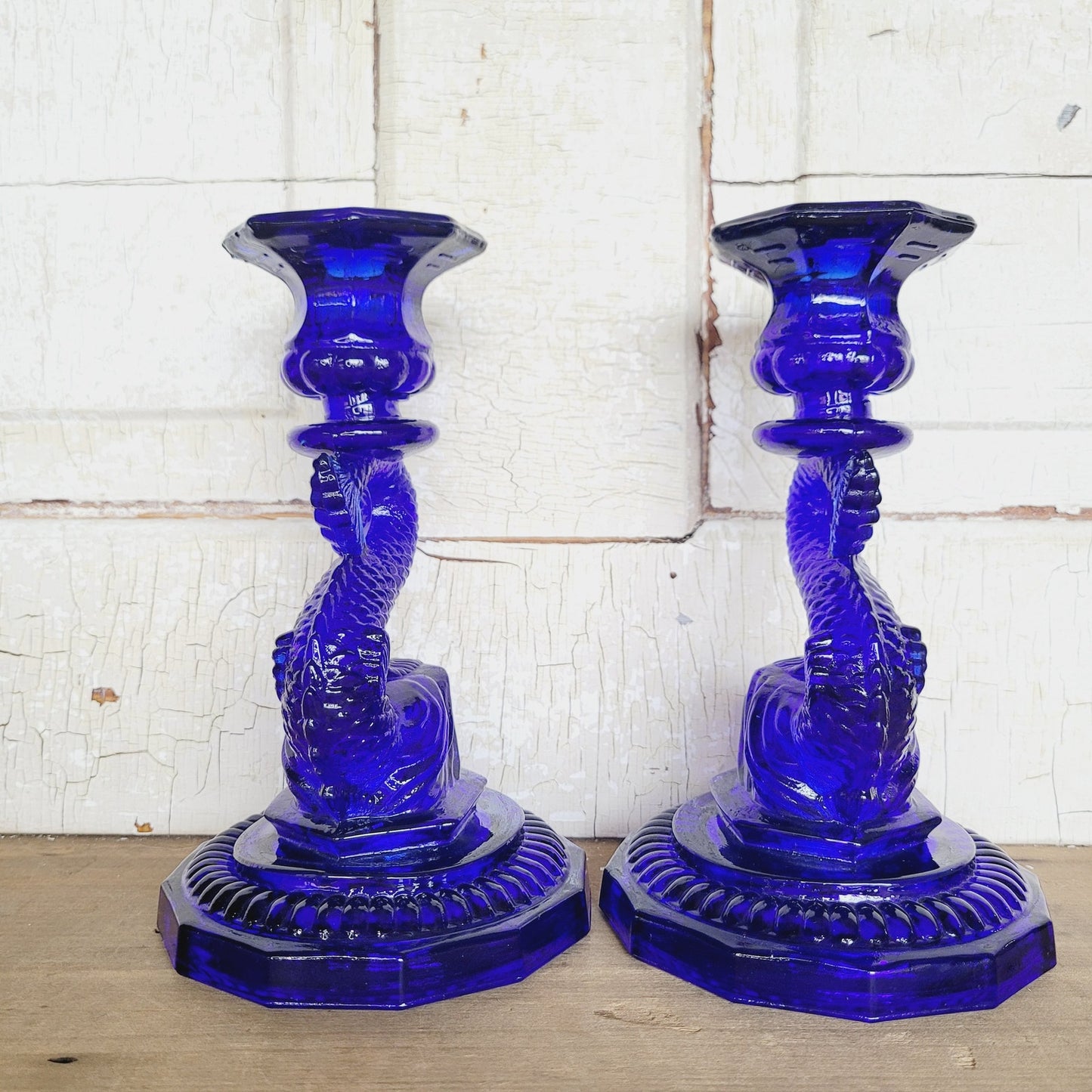 Vintage Portieux Vallerysthal Cobalt Blue Koi Fish Candlesticks Pair French Glass Dolphin Candle Holders
