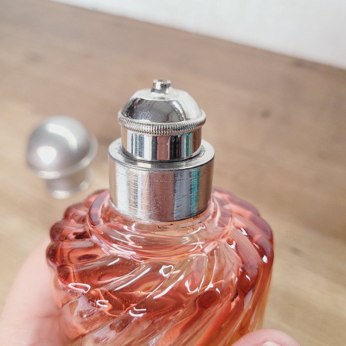 Baccarat Rose Tiente Bambous Swirl Cologne Bottle Metal Cap French Art Glass