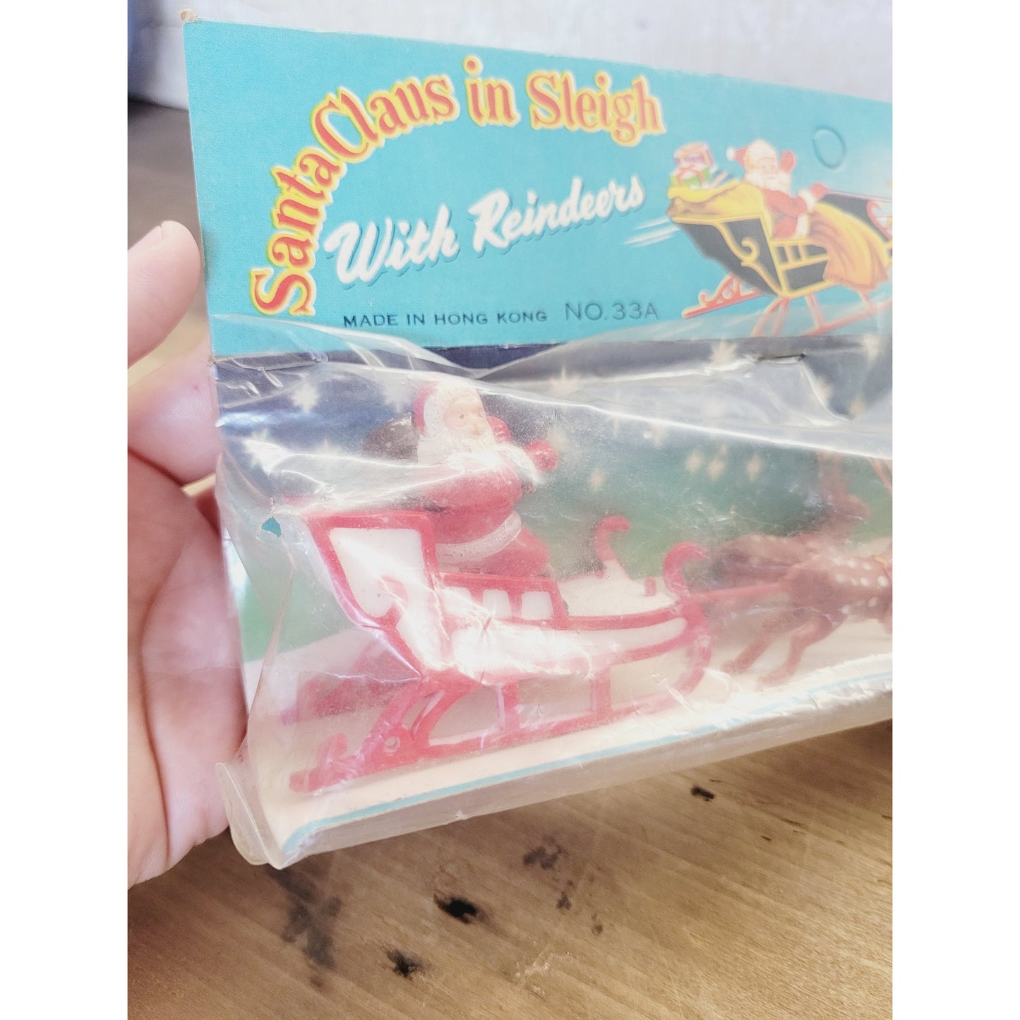 Vintage NOS Santa Claus in Sleigh with Reindeer | Made in Hong Kong | 10"