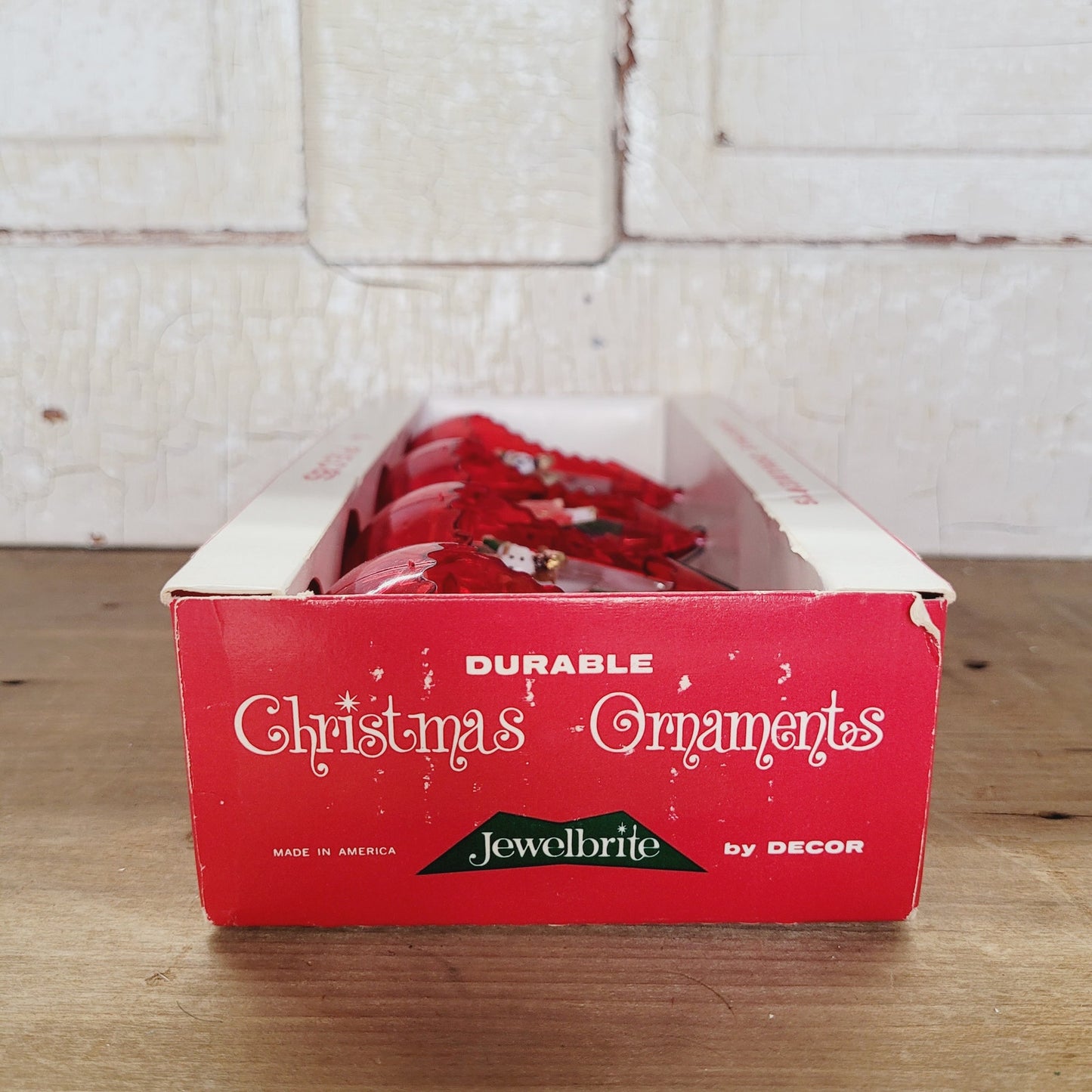 Vintage Jewel Brite Diorama Christmas Ornaments Red Teardrop Set of 4 with Box