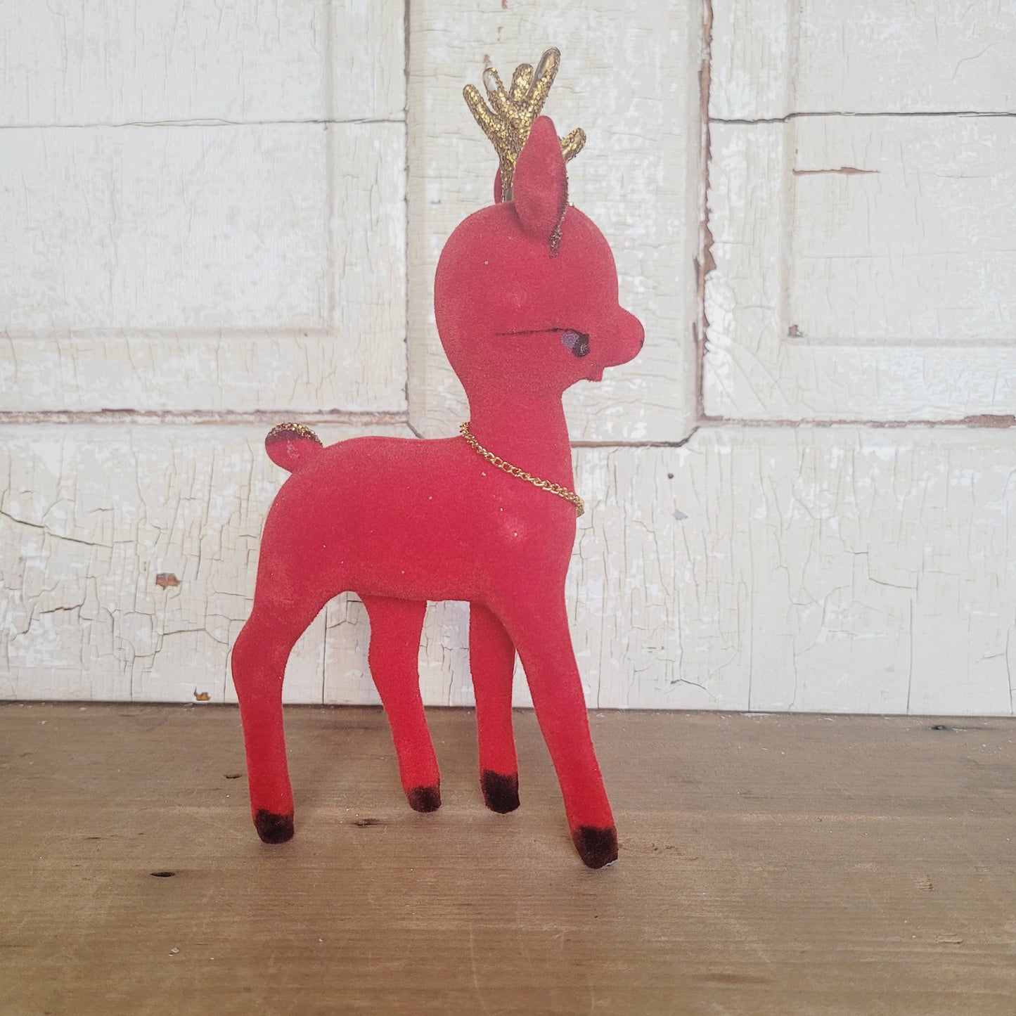 Vintage Red Flocked Reindeer 8" Figurine with Bell & Glitter Antlers
