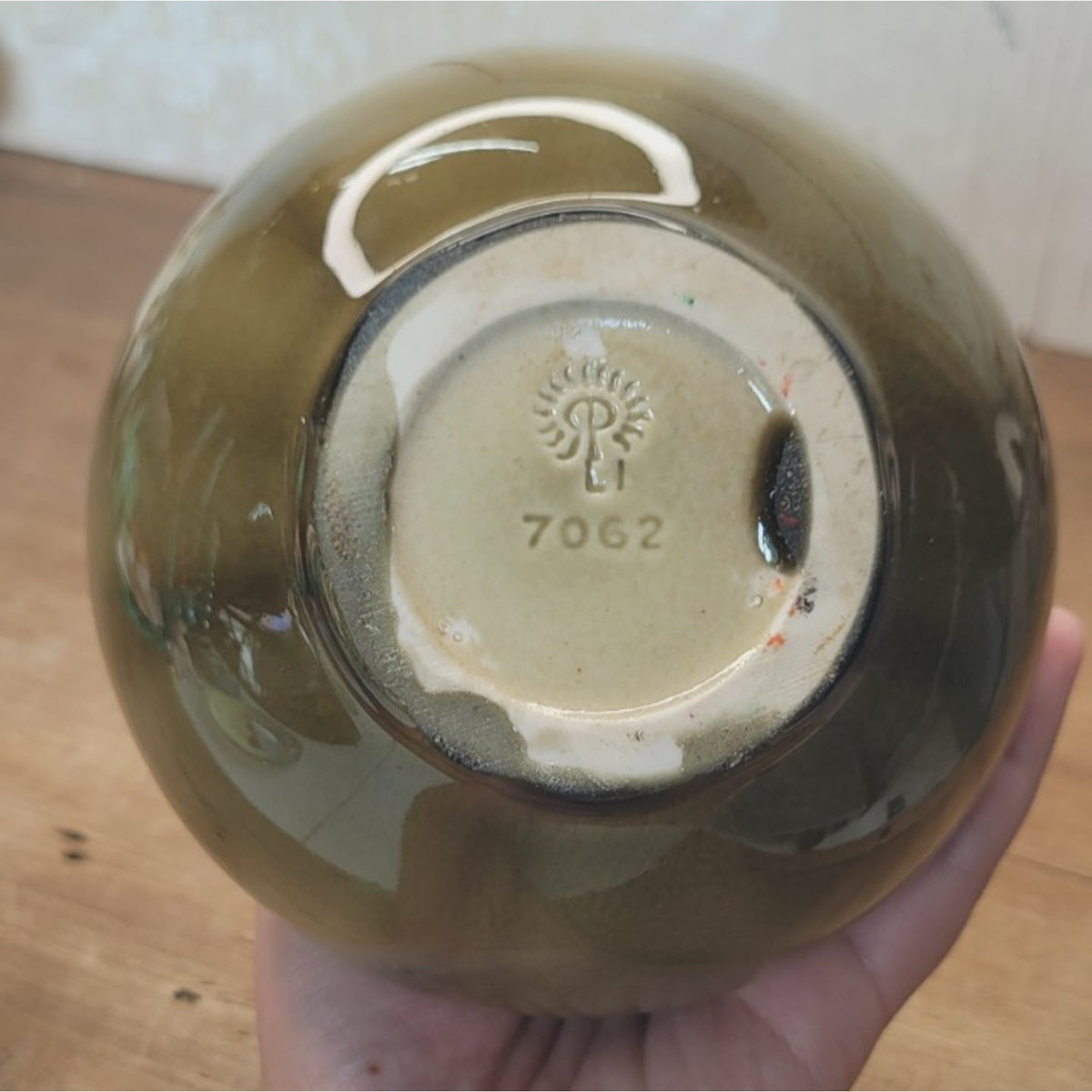 Rookwood 1951 LI 7062 Green Brown Glaze Bulbous Bud Vase 5"