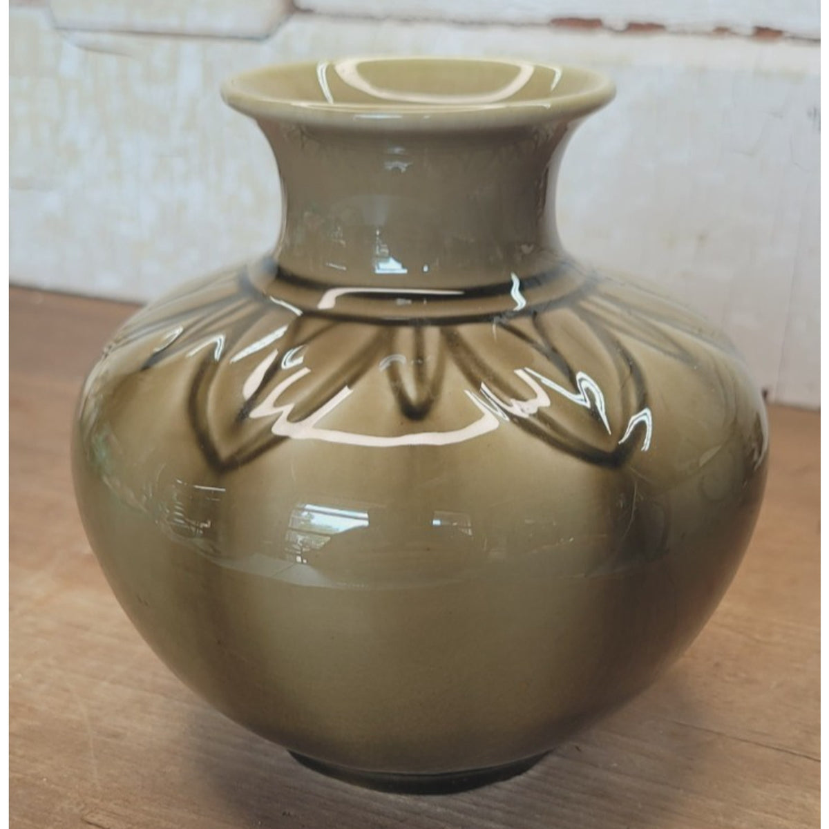Rookwood 1951 LI 7062 Green Brown Glaze Bulbous Bud Vase 5"