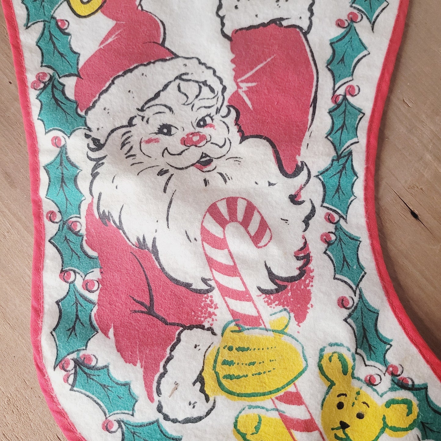 Vintage 19" Santa Claus Christmas Stocking Teddy Bear Candy Cane Just for You