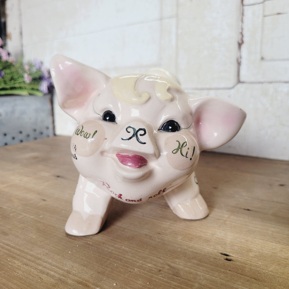 Vintage NAPCO 1950s Rock and Roll Slang Piggy Bank Hep Cat Ceramic Pink 8in