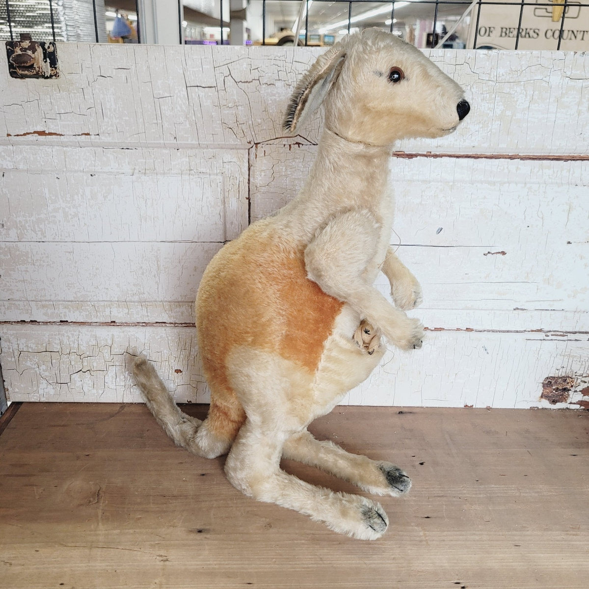 Vintage Steiff Kangaroo with Baby Joey Mohair Plush 21" Button No Tag MCM