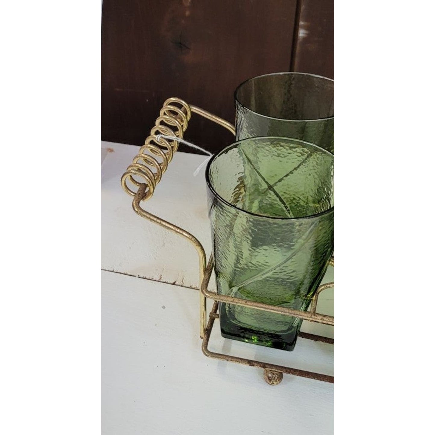 Vintage Green Glass Set with Ice Bowl and Carrier: Mid-Century Modern Charm