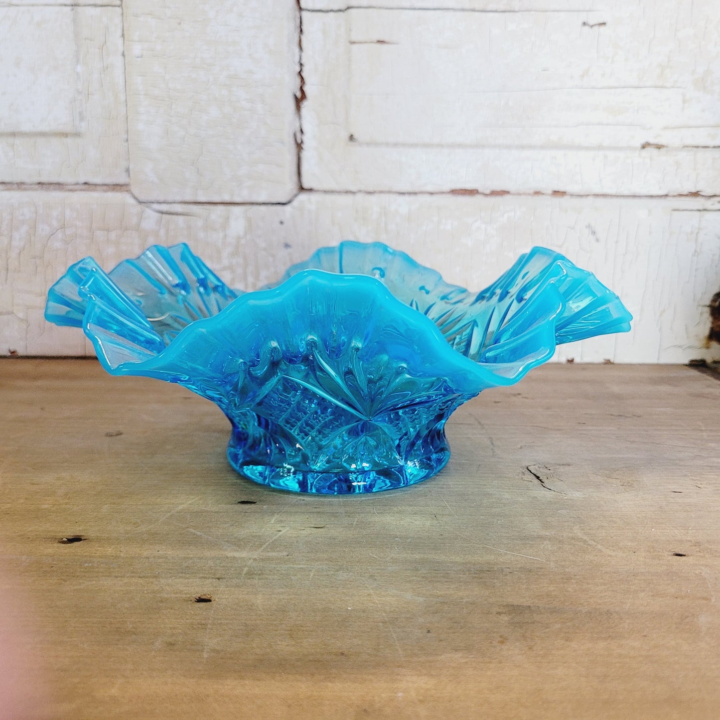 Vintage Blue Opalescent Glass Bridal Basket Style Bowl