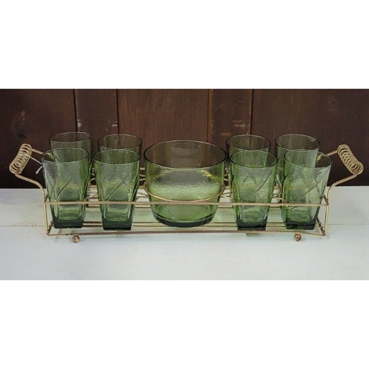 Vintage Green Glass Set with Ice Bowl and Carrier: Mid-Century Modern Charm