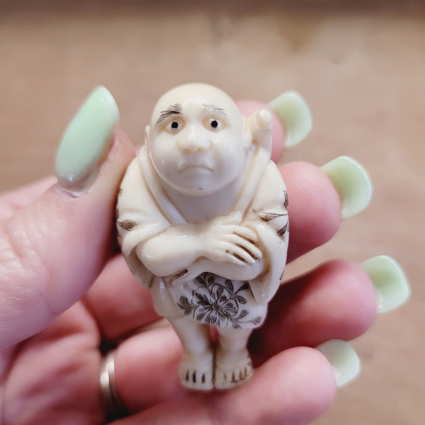 Antique Japanese Netsuke Signed Sad Man Figure w/ Flowers – 1 7/8" – Hand Carved