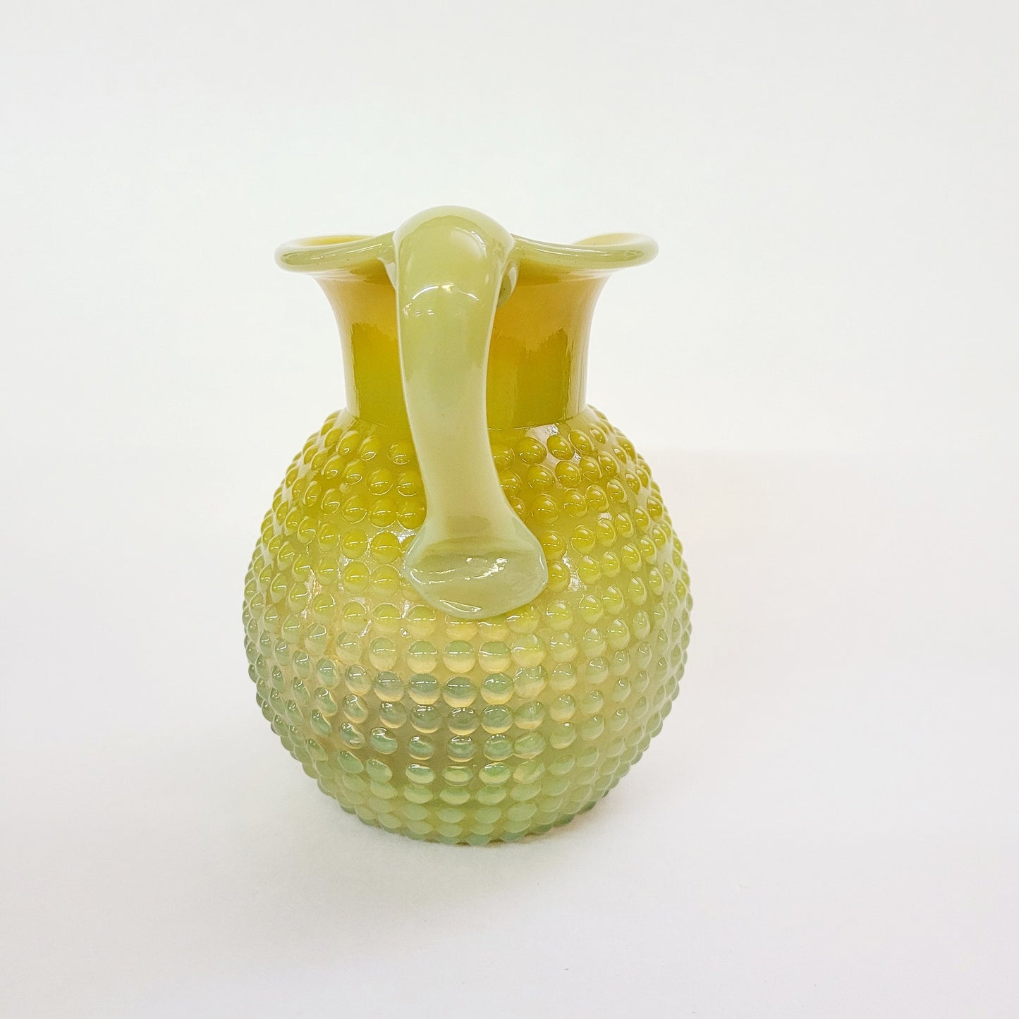 VINTAGE ART GLASS YELLOW GREEN HOBNAIL PITCHER