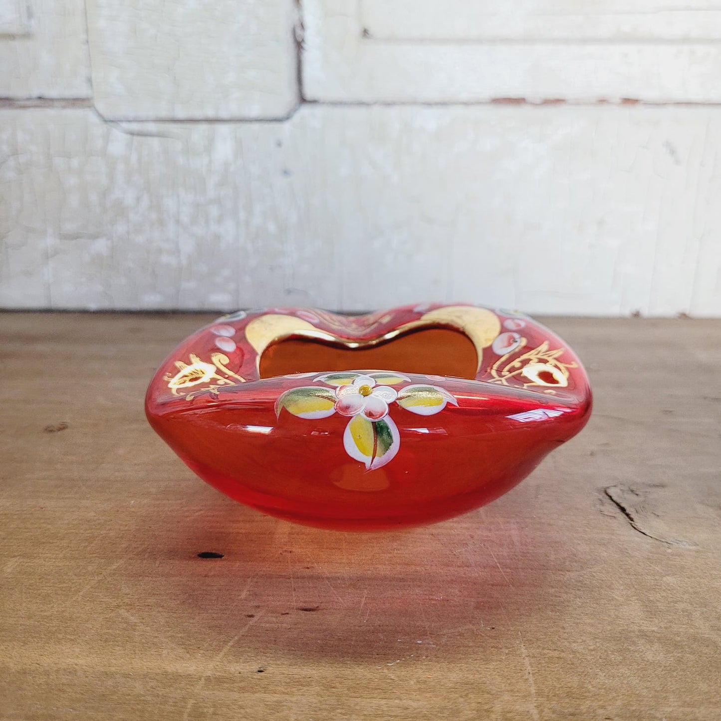 Vintage Hand-Painted Flowers Art Glass Ash Tray