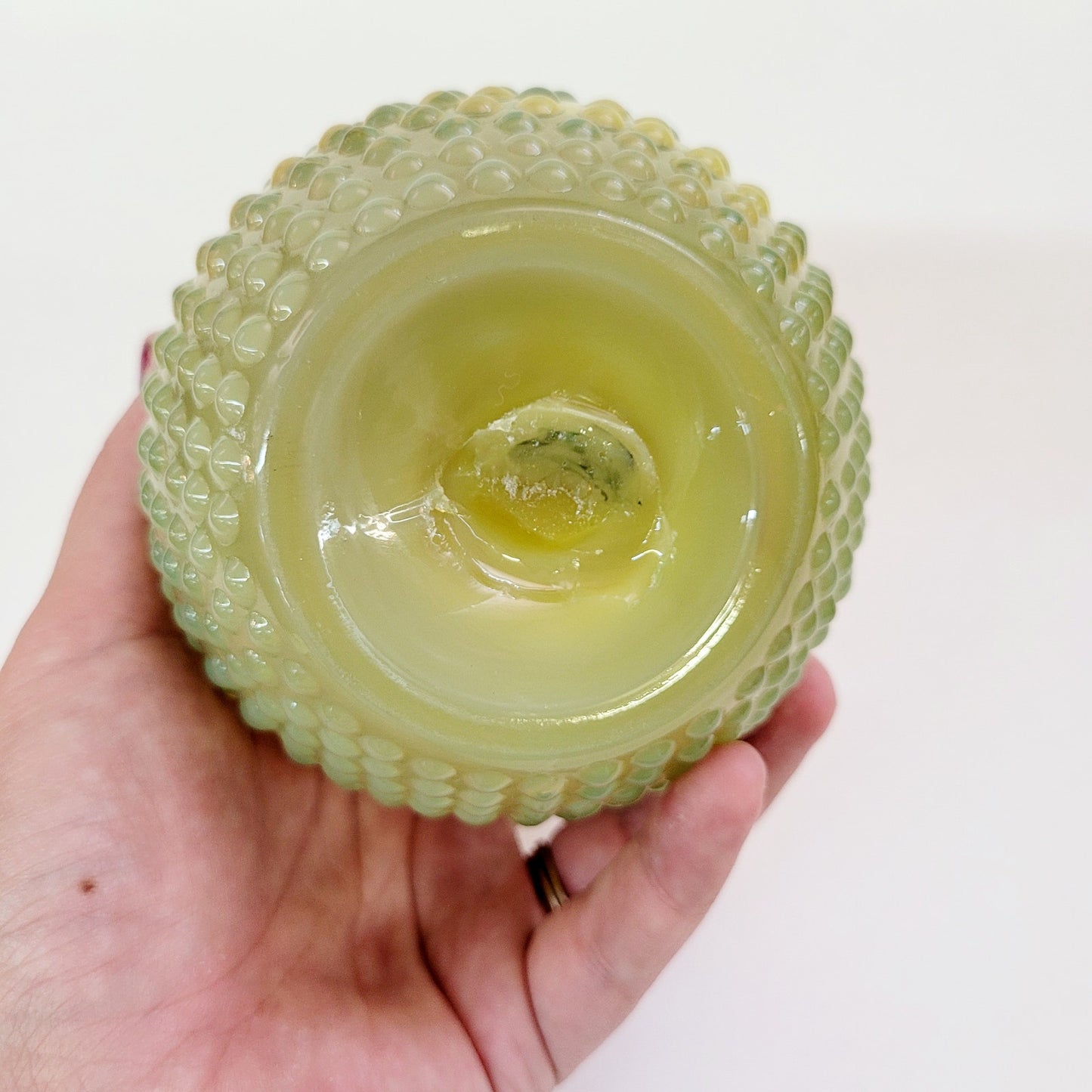 VINTAGE ART GLASS YELLOW GREEN HOBNAIL PITCHER