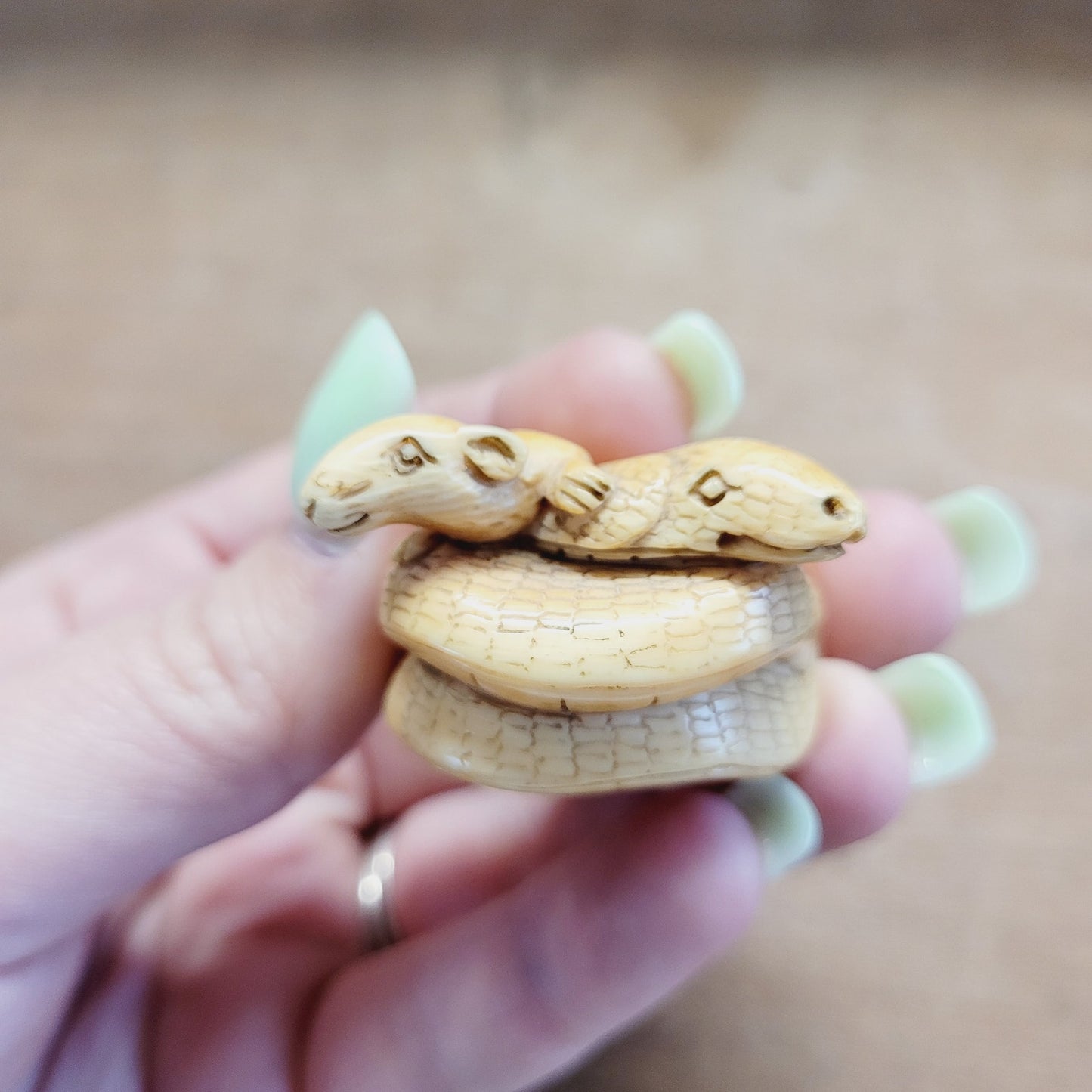 Antique Japanese Netsuke Rat & Snake Signed Figural Carving –  1 3/8"