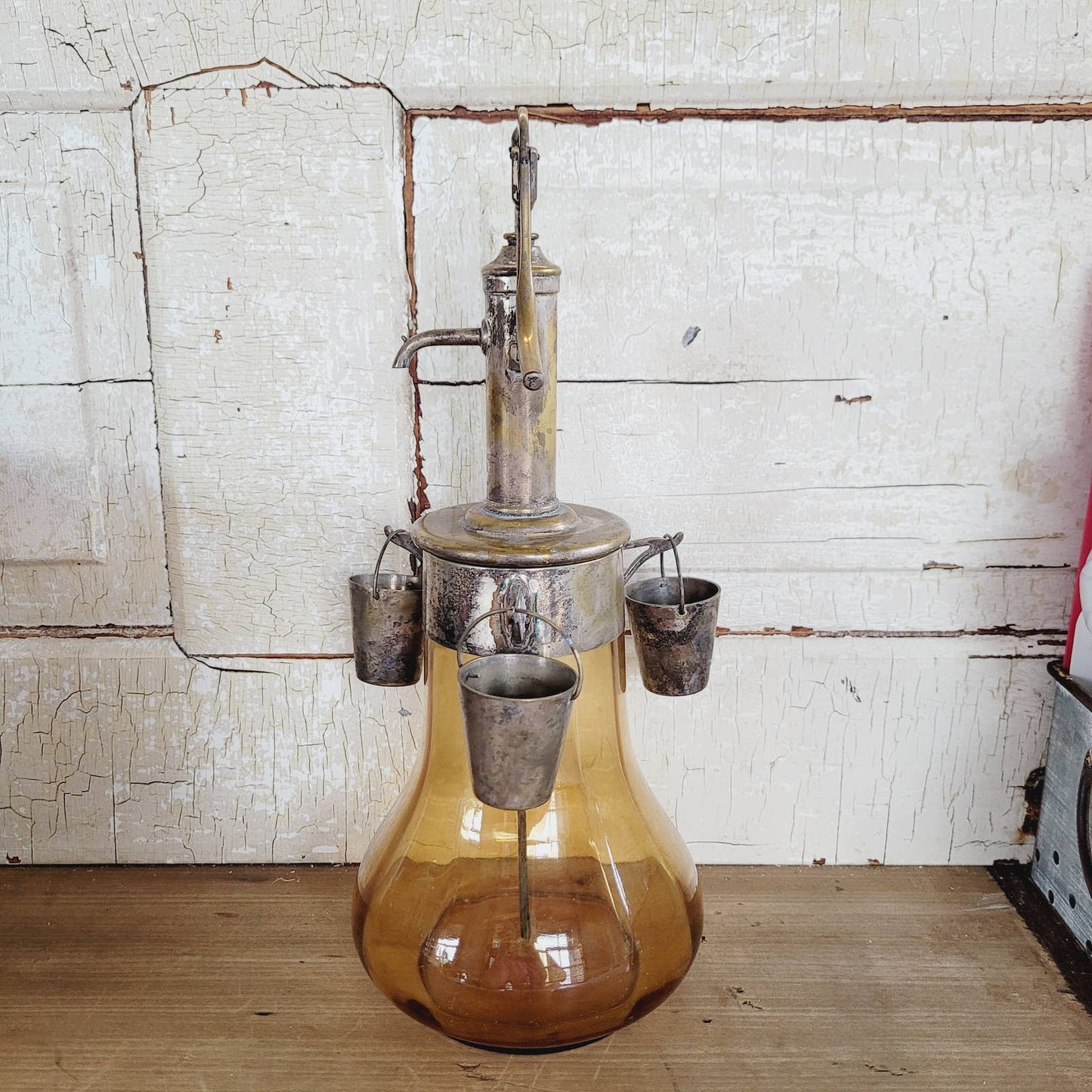 Vintage Silver Plated Brass Liquor Dispenser Pump & Cups Amber Glass Ciske & Son