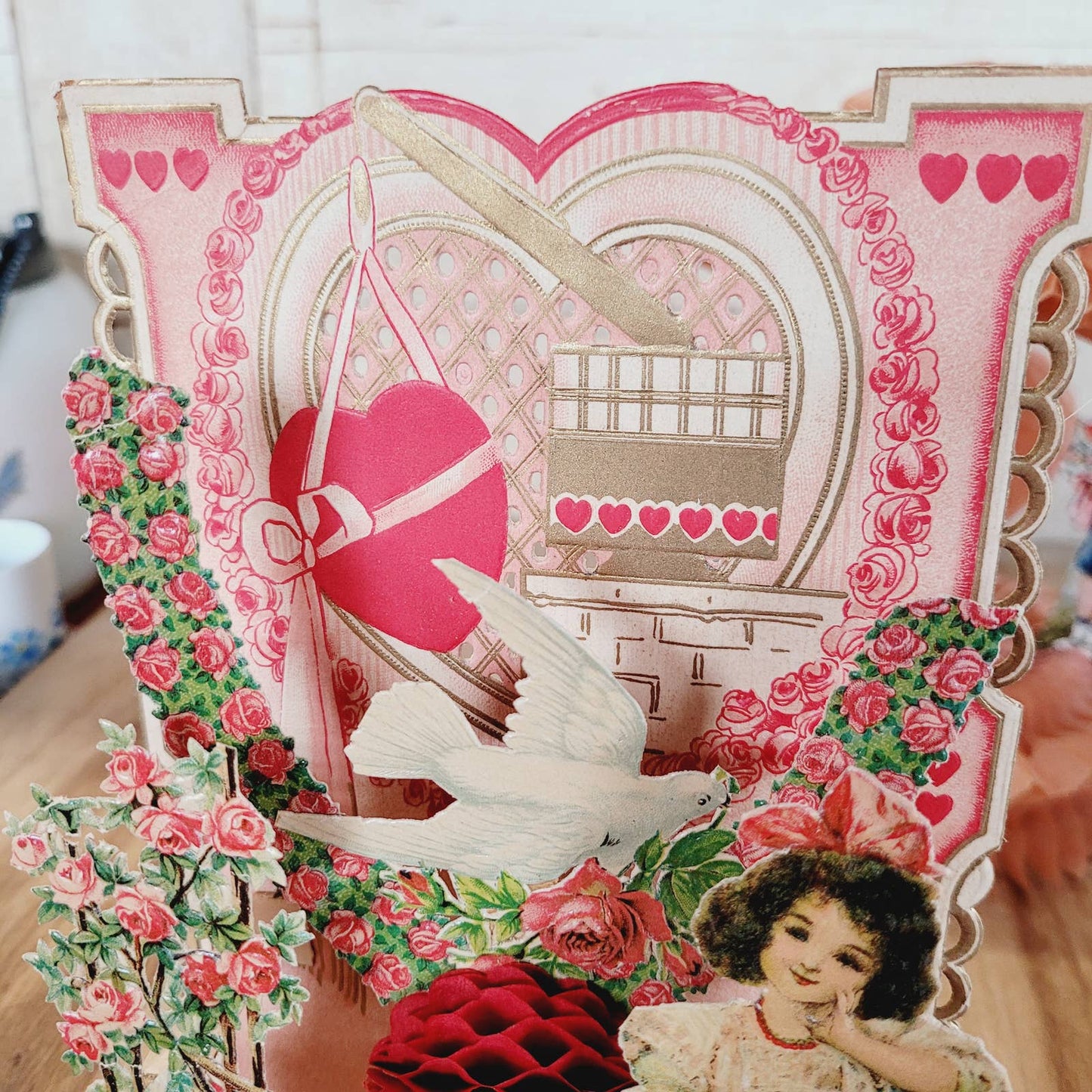 2 Antique Vintage Valentines Cards 3D Honeycomb Victorian Die Cut