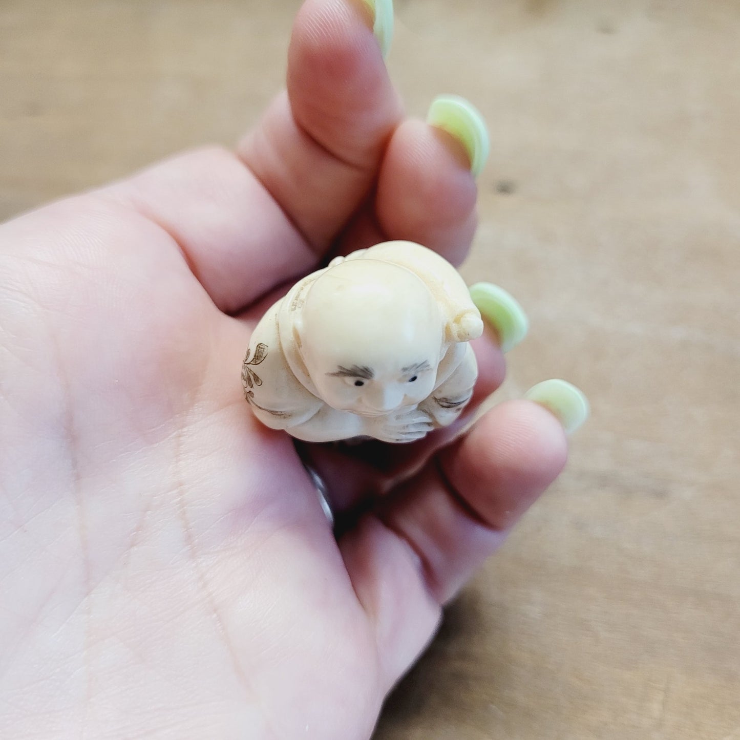 Antique Japanese Netsuke Signed Sad Man Figure w/ Flowers – 1 7/8" – Hand Carved