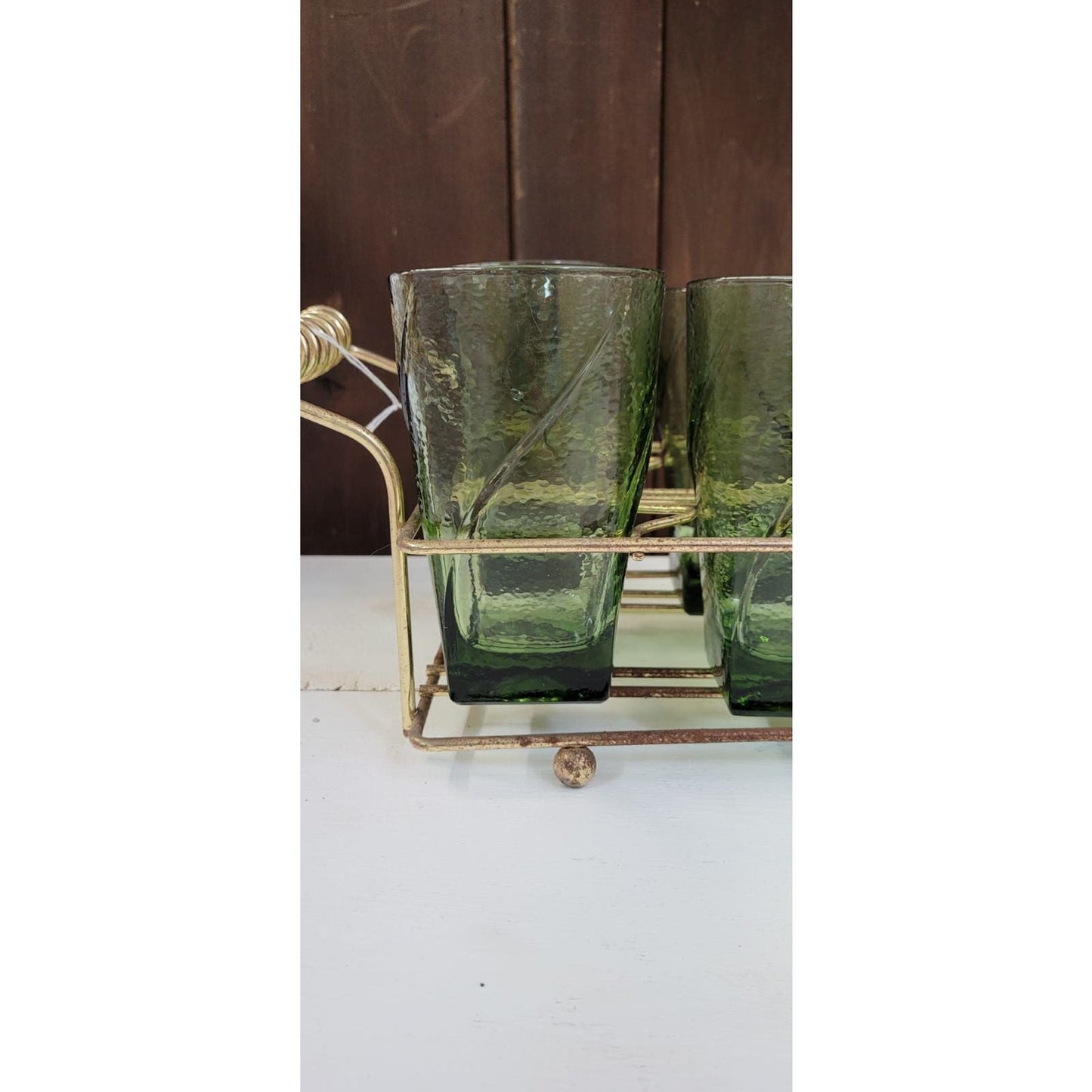 Vintage Green Glass Set with Ice Bowl and Carrier: Mid-Century Modern Charm