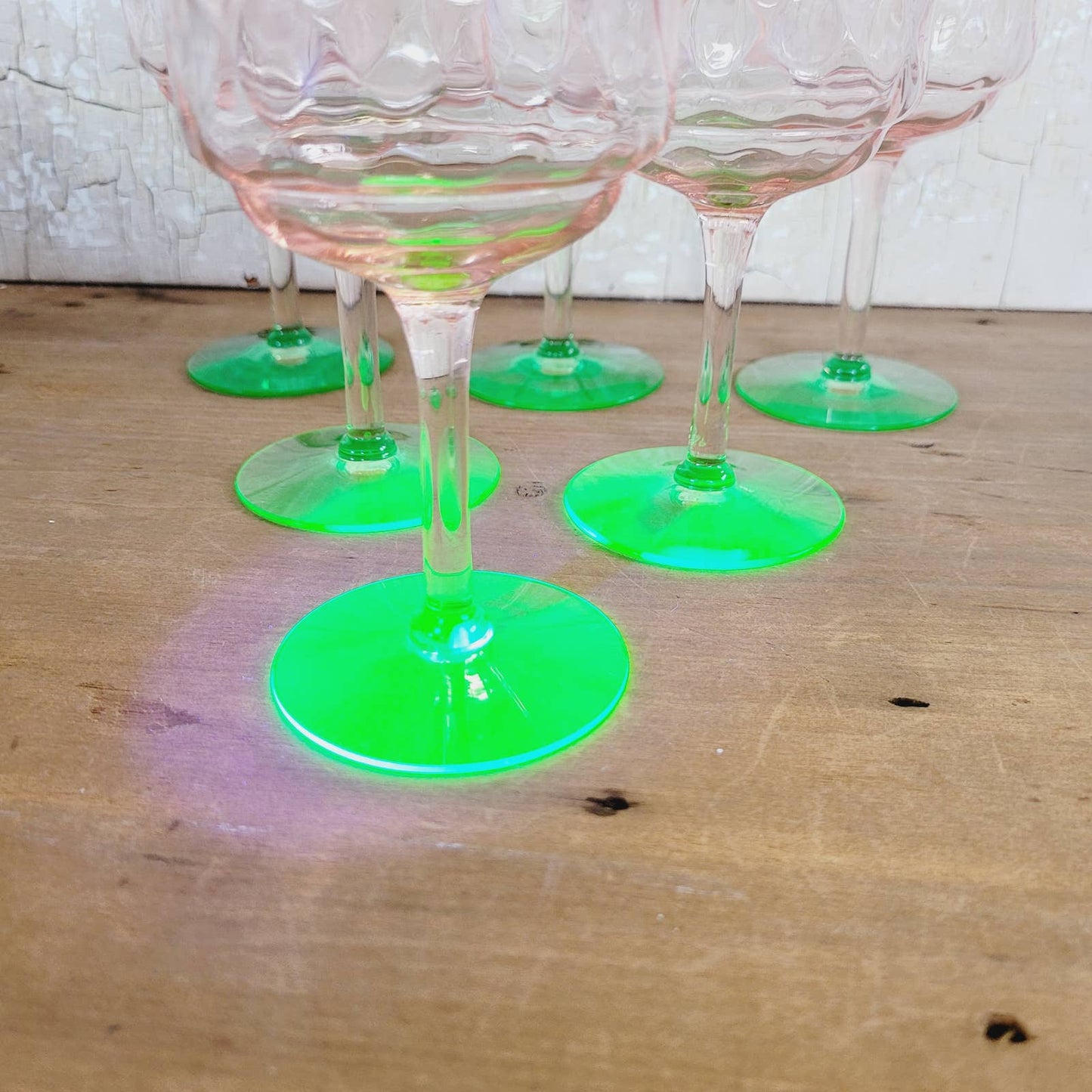 (6) Diamond Optic Pink Green Uranium Champagne Coupe Glasses Depression Vintage