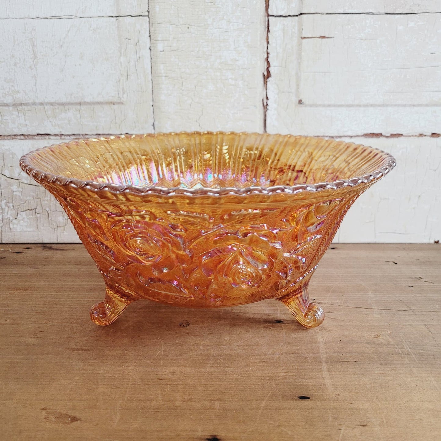 Vintage 10” Rose Carnival Glass Fruit Bowl Marigold Floral Detail with Ball Feet