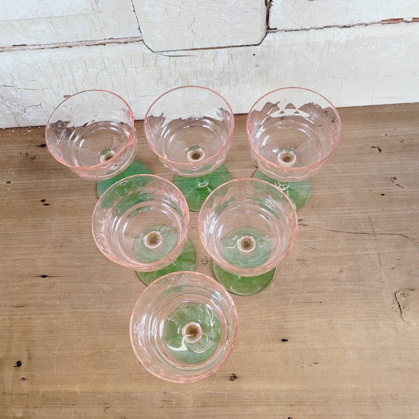 (6) Diamond Optic Pink Green Uranium Champagne Coupe Glasses Depression Vintage