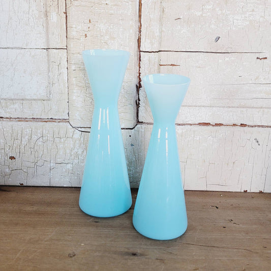 Pair of Vintage Mid Century Hourglass Shaped Blue Glass Vases