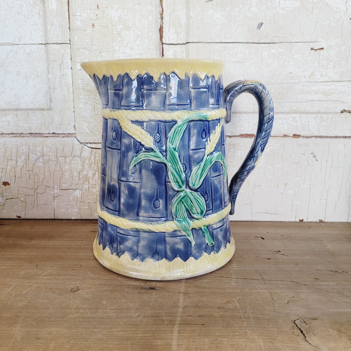 Antique Majolica Pitcher with Wheat and Bamboo Pattern