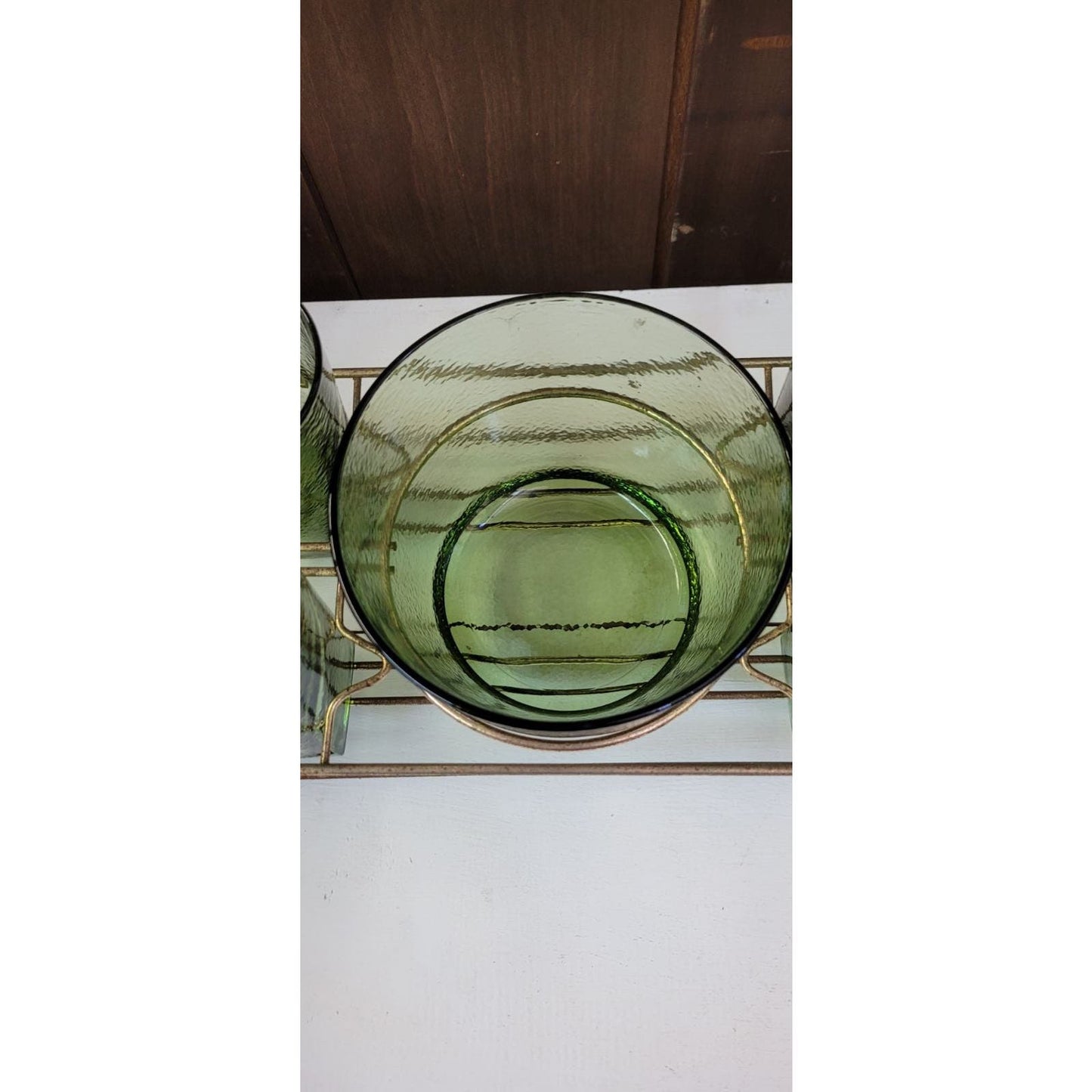 Vintage Green Glass Set with Ice Bowl and Carrier: Mid-Century Modern Charm