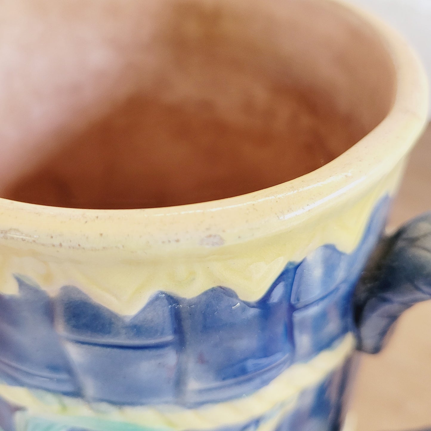 Antique Majolica Pitcher with Wheat and Bamboo Pattern