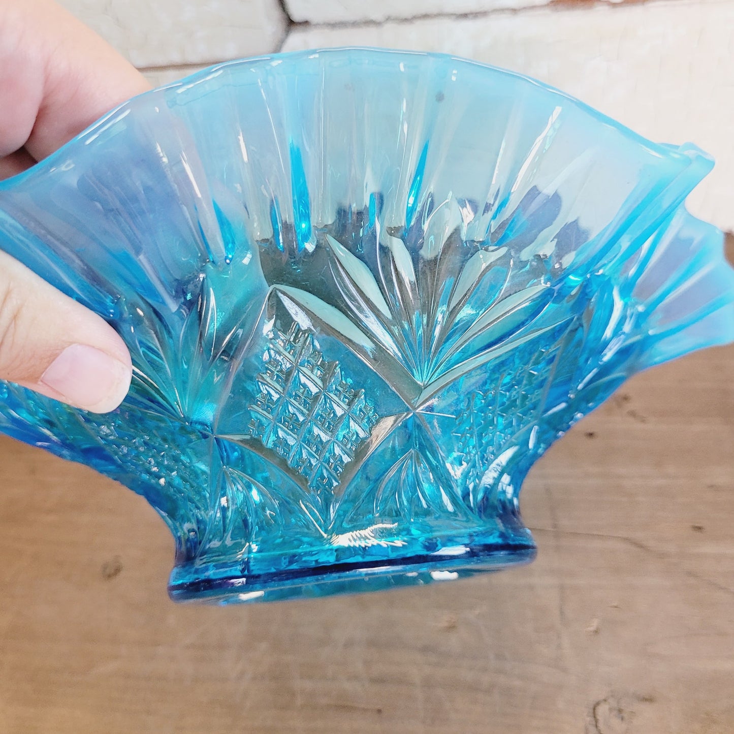 Vintage Blue Opalescent Glass Bridal Basket Style Bowl