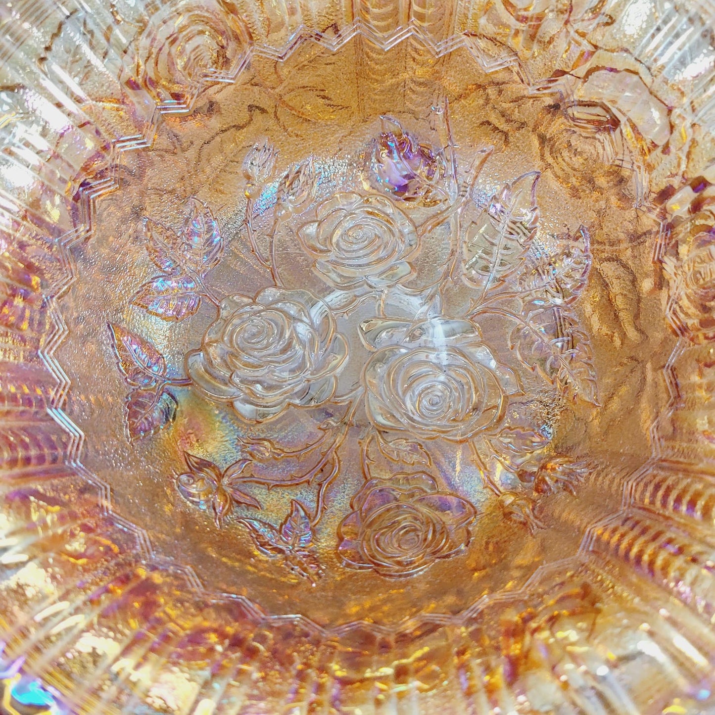 Vintage 10” Rose Carnival Glass Fruit Bowl Marigold Floral Detail with Ball Feet