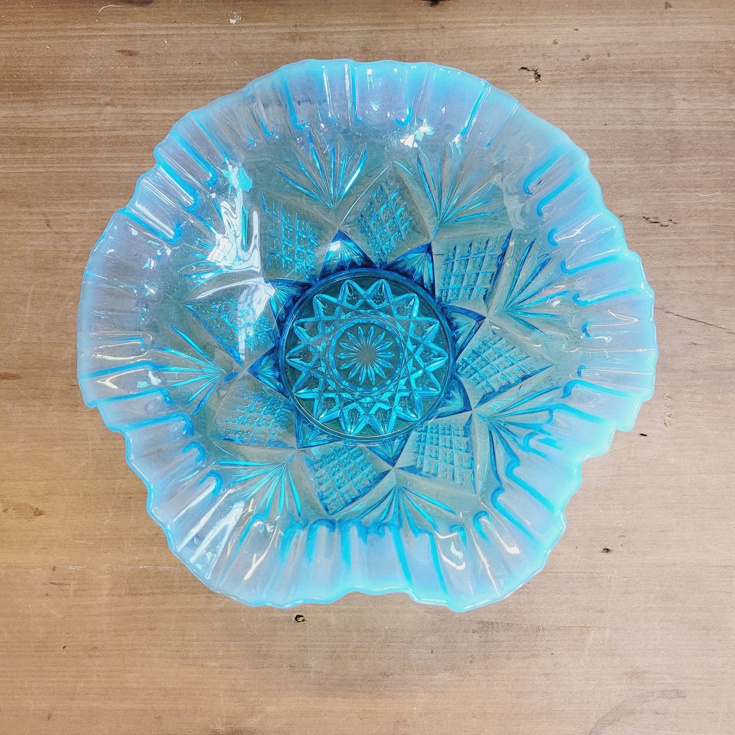 Vintage Blue Opalescent Glass Bridal Basket Style Bowl