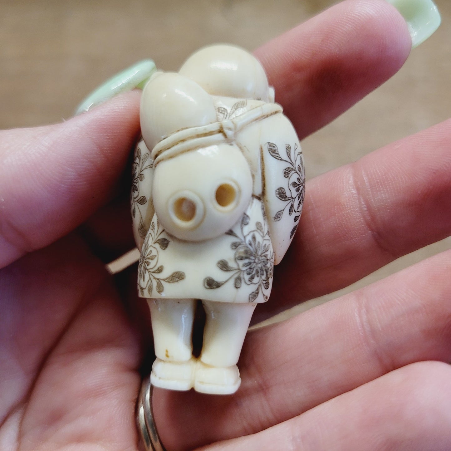 Antique Japanese Netsuke Signed Sad Man Figure w/ Flowers – 1 7/8" – Hand Carved