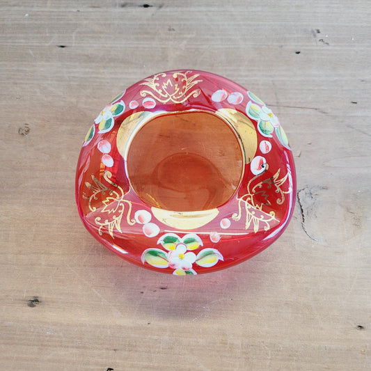 Vintage Hand-Painted Flowers Art Glass Ash Tray