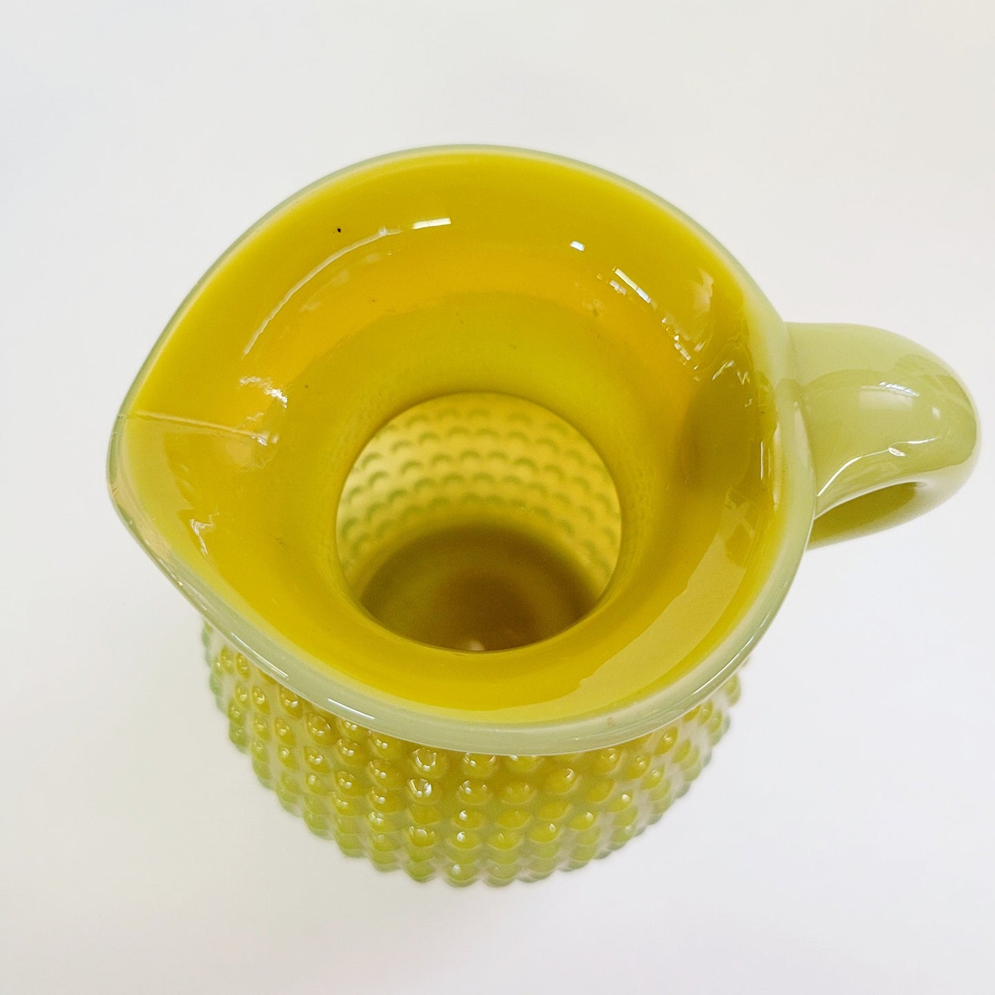 VINTAGE ART GLASS YELLOW GREEN HOBNAIL PITCHER