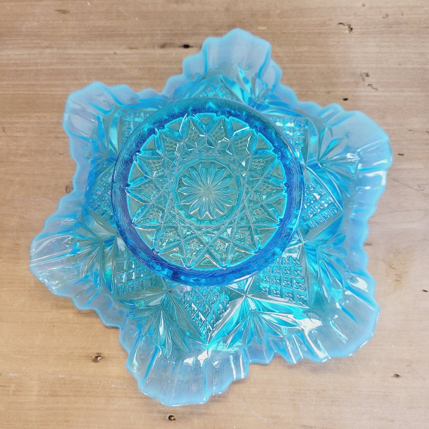 Vintage Blue Opalescent Glass Bridal Basket Style Bowl