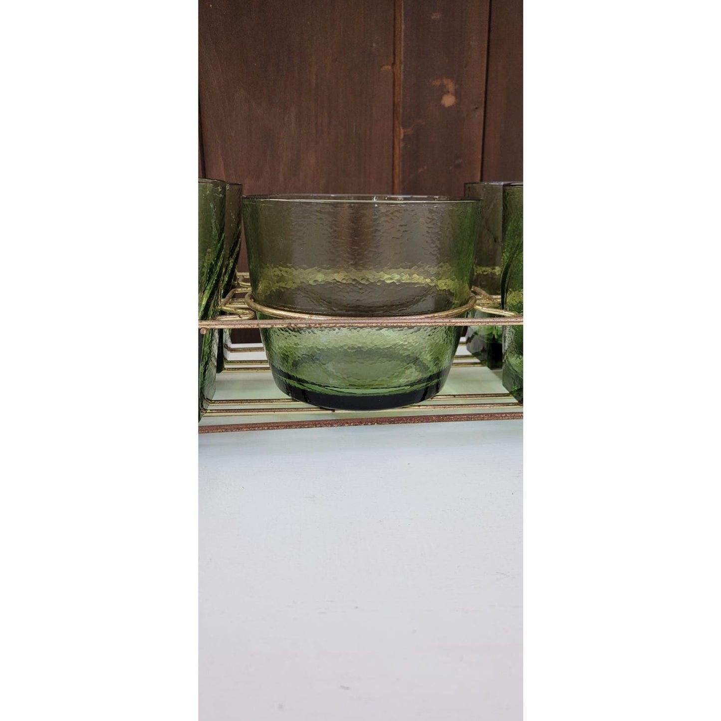 Vintage Green Glass Set with Ice Bowl and Carrier: Mid-Century Modern Charm