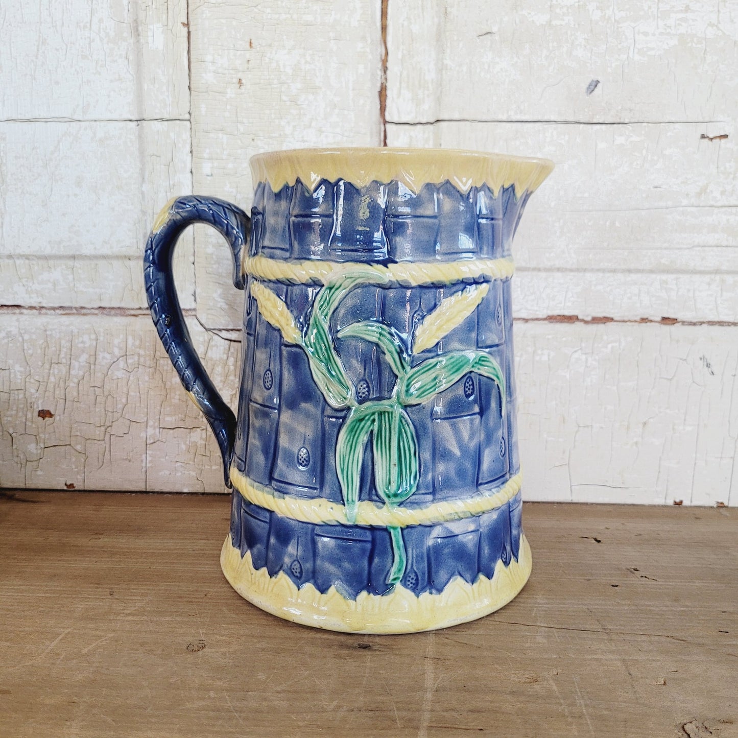 Antique Majolica Pitcher with Wheat and Bamboo Pattern