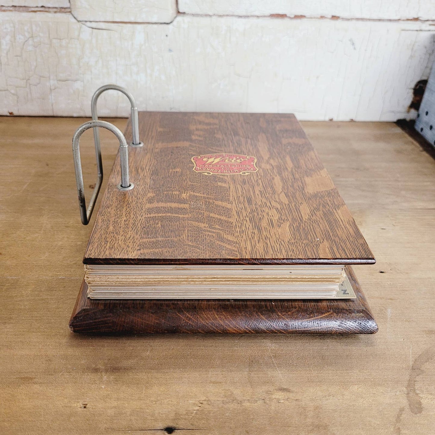 1920's Weis Manufacturing Co. Monroe Michigan Wood Desktop Ledger Book w/Pages