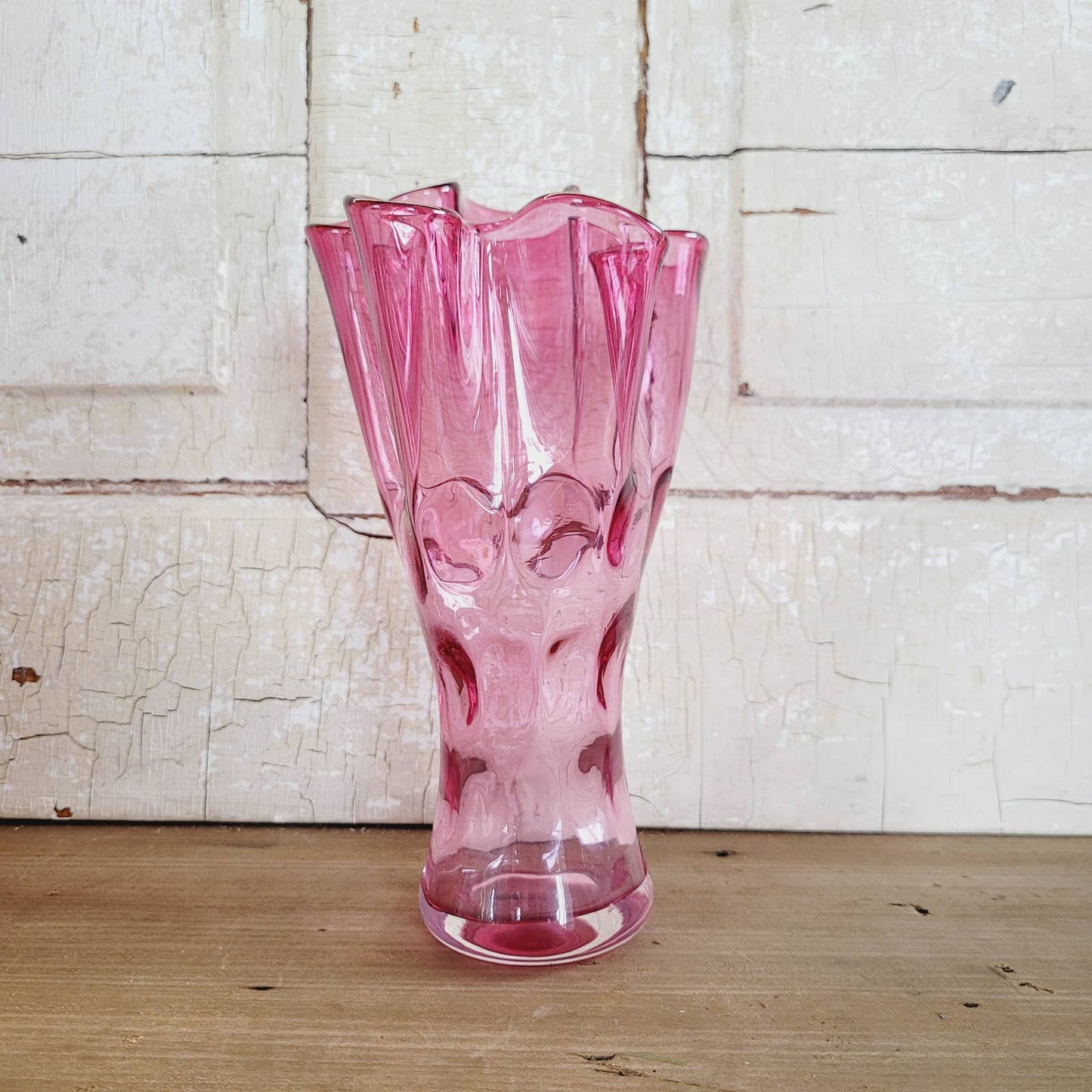 Vintage Art Glass Cranberry Thumbprint Handkerchief Vase