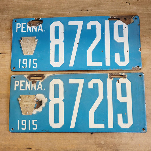 Pair 1915 PORCELAIN PENNSYLVANIA LICENSE PLATE VINTAGE AUTOMOBILIA