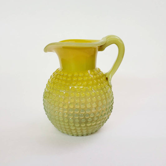 VINTAGE ART GLASS YELLOW GREEN HOBNAIL PITCHER