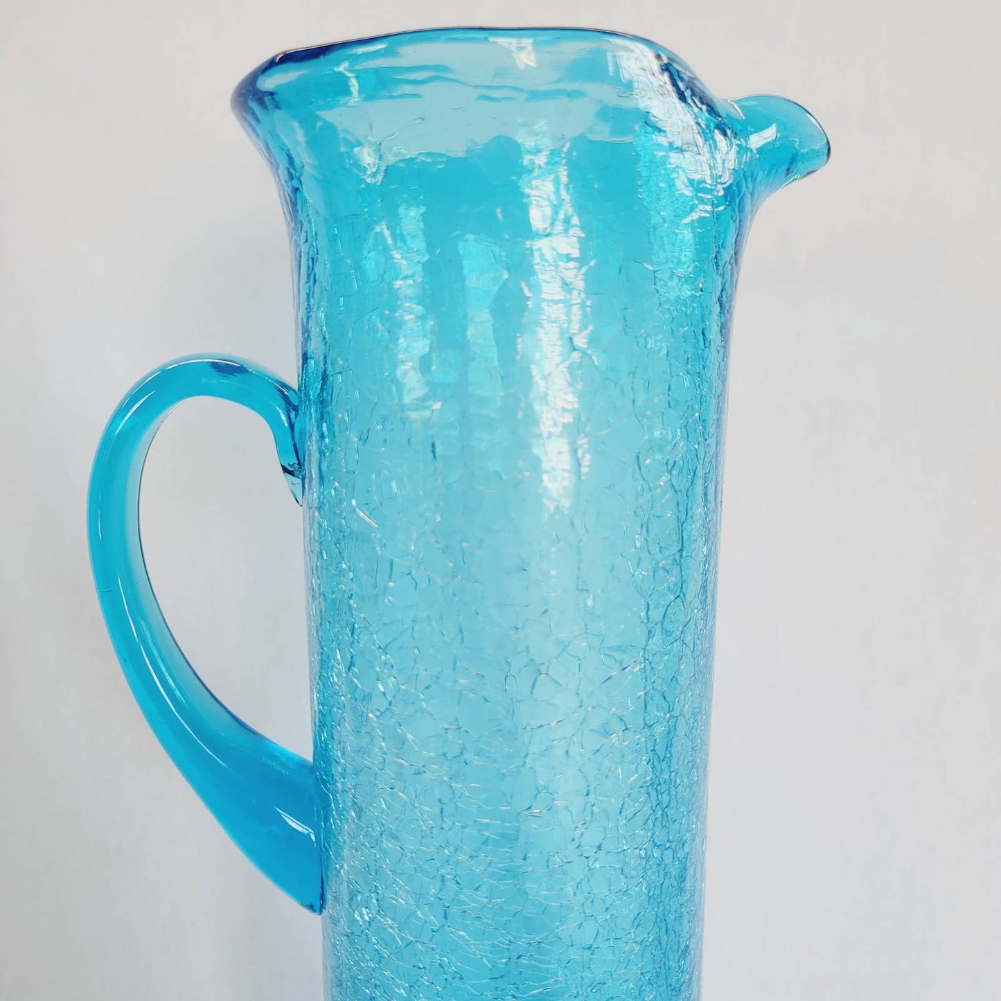 Vintage Blue Crackle Glass Pitcher 11"
