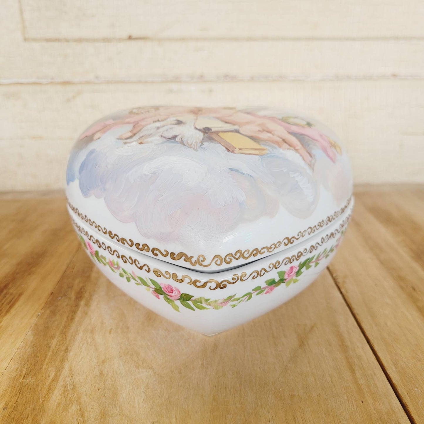 Rubel Heart Jewelry Trinket Box Handpainted Roses Cherubs Portugal