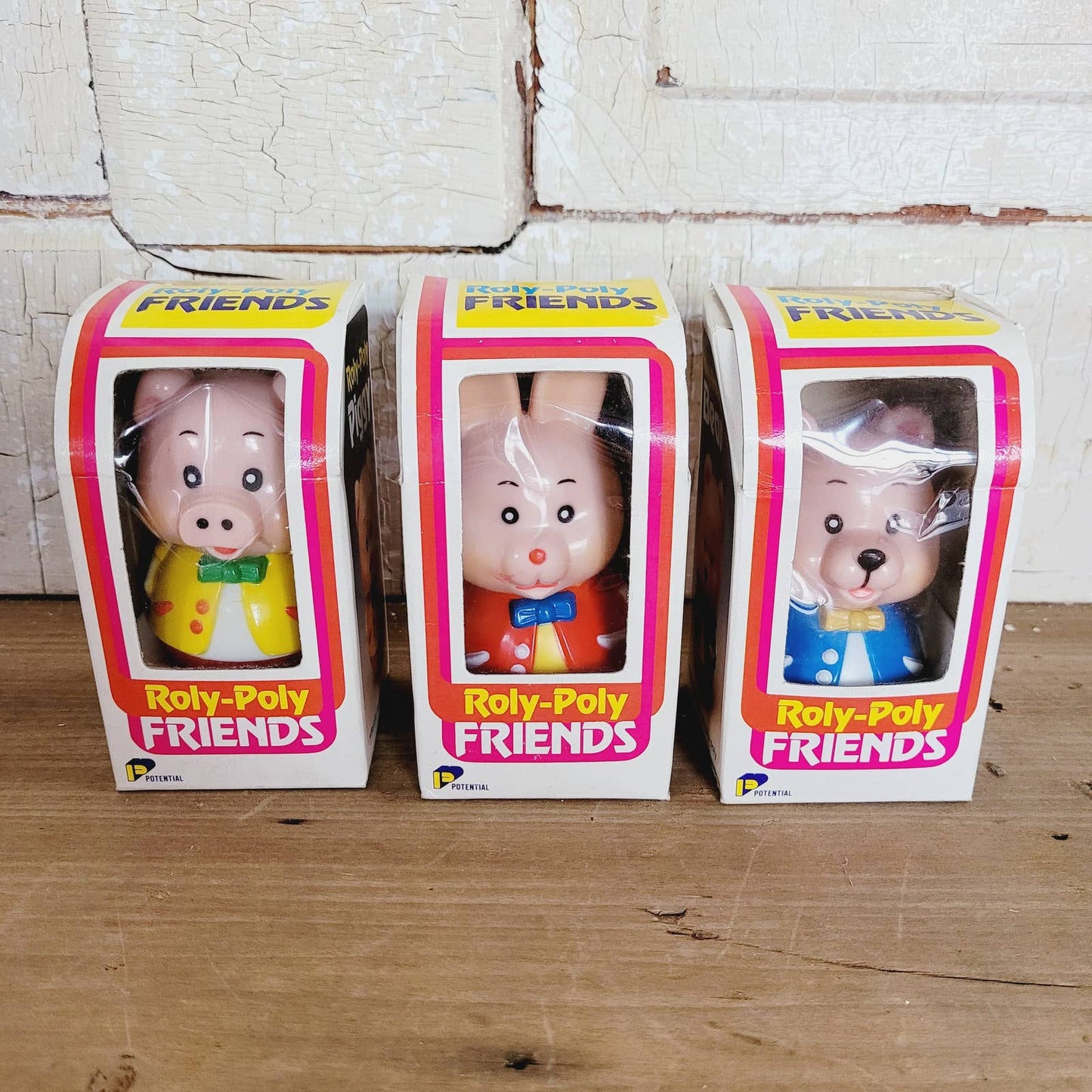 Vintage Roly-Poly Friends Piggy Rabbit Bear NOS with Boxes