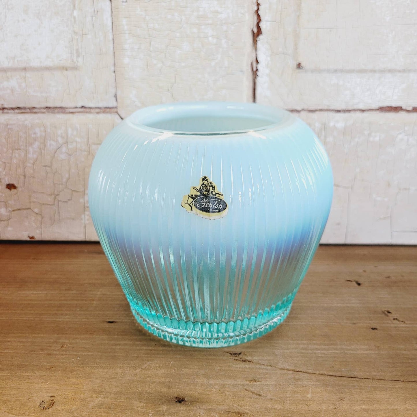 Vintage Fenton Sheffield Teal Ribbed Opalescent Glass Bowl Vase