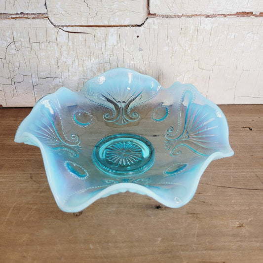 Vintage Beaded Shell Opalescent Blue Pedestal Bowl