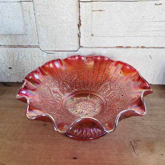 10” Large Fenton RED Carnival Glass Pedestal Bowl Hearts & Flowers